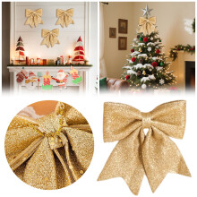3pcs 11.4" Gold Sequin Christmas Bow Decorations, Tree Topper & Party Ornaments – Compatible with Holiday Displays