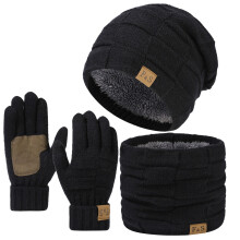 Winter Hat, Scarf & Gloves 3-Piece Set – Fleece-Lined Plaid Knit, Compatible with Cold Weather, Skiing, Snowboarding, Commute – Black