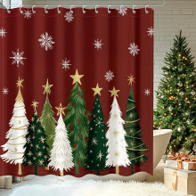 Weihnachtsduschvorhang mit Baum und Schneeflocke, rot, wasserdichtes Polyester, 152 x 183 cm, inklusive Haken, passend zur Weihnachtsdekoration