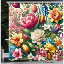 Cortina de ducha de primavera, conejitos de Pascua en escena floral con flores y mariposas, juego de decoración de baño de tela con ganchos, 60x72