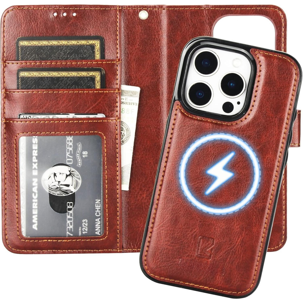 For 16 Pro Wallet Case Compatible With Magsafe, Rfid Blocking Leather Case With Card Slots Holder Kickstand Detachable Wrist Strap 6.3 Inch (Brown) Brown 9340959282876