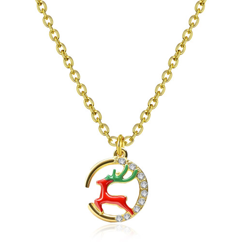 Colar com pingente de Natal em cobre, strass e sino em forma de floco de neve.