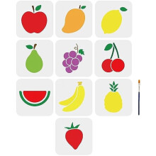 10 stuks fruitstencils (mango, citroen, peer, enz.) 15x15 cm. Inclusief penseel – DIY kunst, wand- en woondecoratie.
