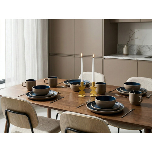 Beliani Set of 16 Dinnerware NUTMEG Stoneware Beige/ Blue 1