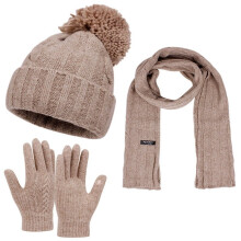 Women's Pom Pom Beanie Set w/ Fleece-Lined Hat, Knit Scarf & Gloves – 3-Piece Matching Winter Ski Accessories Gift Set, Coffee