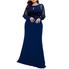 Vestidos de festa femininos plus size de manga comprida, gola redonda, com abertura em forma de gota e lantejoulas, para casamentos e ocasiões