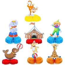 Conjunto de Centro de Mesa em Formato de Favo de Mel com Tema de Circo e Carnaval - 7 peças para Decoração de Mesa em Festas de Aniversário