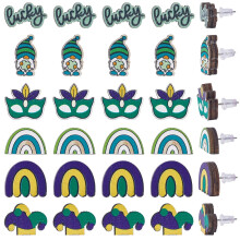 Set di 120 orecchini di Carnevale (30 paia) con dadi in silicone, borchie in legno, lettere portafortuna e disegni arcobaleno – Adatti per