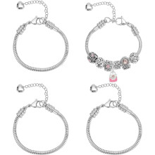 PH4 Stück Schlangenkettenarmbänder, 6,3 Zoll, verstellbare Edelstahl-Schiebearmbänder mit Karabinerverschluss, Grau – kompatibel mit Charm-Perlen