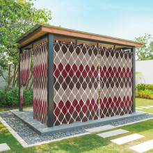 Cortinas externas impermeáveis marrom/vermelhas com design geométrico medieval e ilhós para pátio, varanda, gazebo e pérgola – 1 painel, 137 x