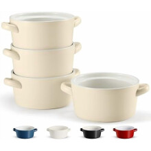 Ceramic Soup Crocks, 18 oz, Stackable, Oven/Microwave/Dishwasher Safe with Handles, Set of 4 (Ivory)