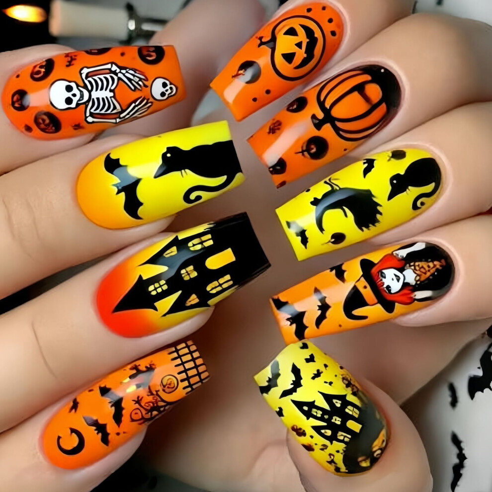 Halloween Themed Fake Nails Coffin Shape Bat Skull Spiderweb Art For Costume Event And Daily Wear Square Shape