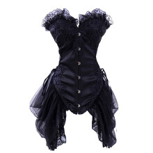 Women's Sexy Strapless Floral Embroidery Solid Gothic Corset with Lace Skirt