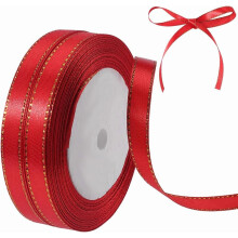 2 Rollen à 48 Yards (ca. 43,7 m) 3/8 Zoll (ca. 9,5 mm) breite, dünne, weiche Seiden-Polyester-Satin-Bänder mit goldener Bordüre, rotes Band,
