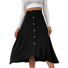 Saia longa casual com cintura alta, botões frontais, elástico na cintura, design vintage e bolsos. Peça essencial e versátil para o seu