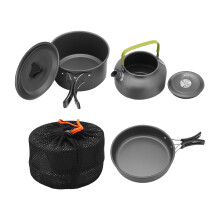 Set di pentole da campeggio in acciaio inossidabile con superficie antiaderente, composto da tazze, piatti, forchette, coltelli e cucchiai, in