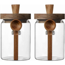 Bocaux de conservation en verre ANSQU avec couvercle en bambou et cuillère, 800 ml (lot de 2)