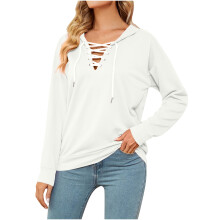 Womens 2025 Fashion Lace Up V Neck Drawstring Long Sleeve Hoodies Sweatshirt Pullover Tops