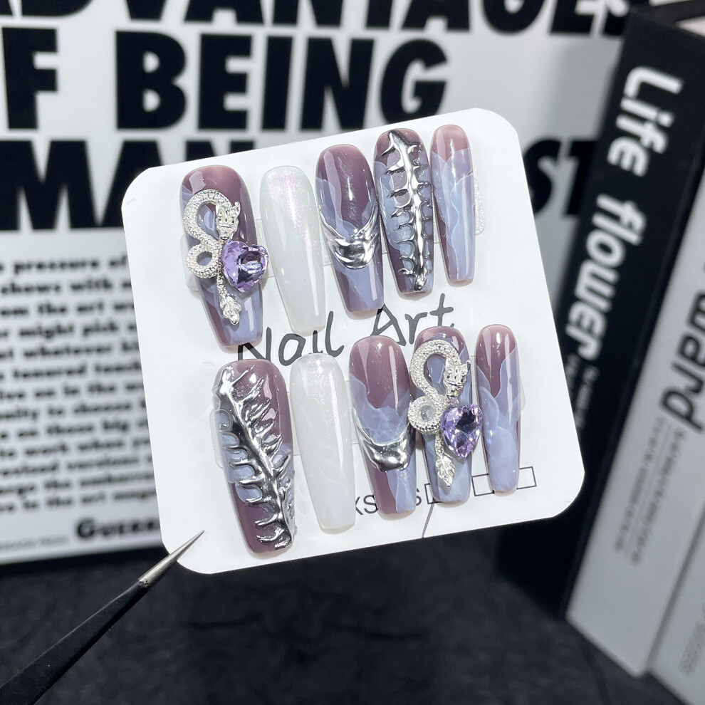Dachuang Beauty Purple (M) Rhinestone Long Fake Nails, Salon Supply