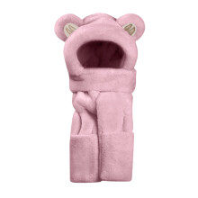 Bear Ear Faux Fur Hood Scarf Set with Pockets Winter Warm Cozy Daily Headwear Pink