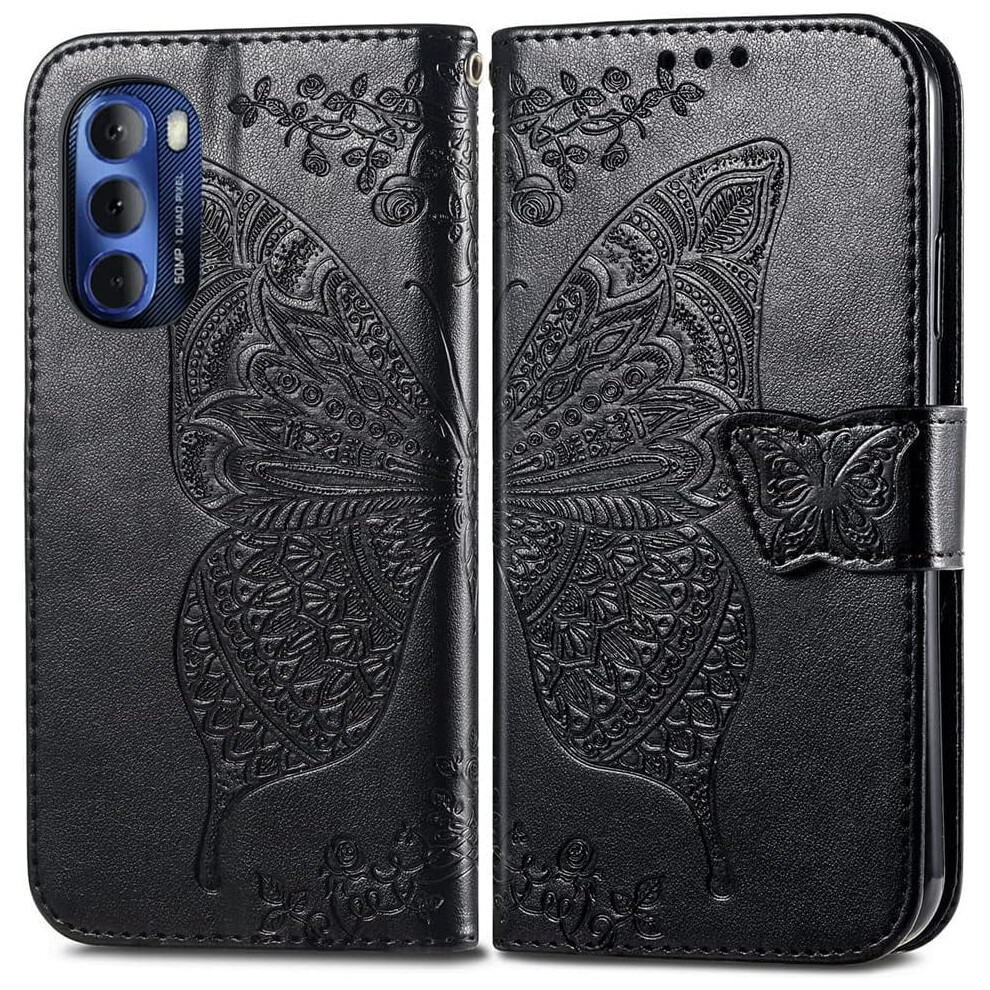 Compatible With Motorola Moto G Stylus 5G 2022 Â Butterfly Leather Wallet Case With Magnetic Closure, Kickstand & Card Holder Black 9085618848207