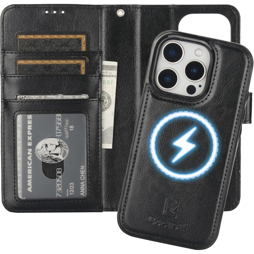 For 16 Pro Wallet Case Compatible With Magsafe, Rfid Blocking Leather Case With Card Slots Holder Kickstand Detachable Wrist Strap 6.3 Inch (Black) Black 9551475204888