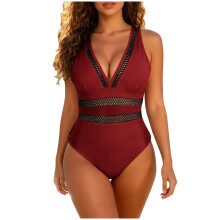 Women's V-Neck Ruched Mesh One-Piece Swimsuit