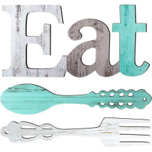 Conjunto de decoração de parede com placa "Eat" (Coma) com garfo e colher, letras decorativas de madeira rústica para pendurar em restaurantes.