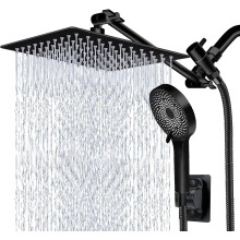 10" High Rain Shower + Handheld Combo, Adjustable Dual Rainfall, 60" Hose & Extension Arm (Black)