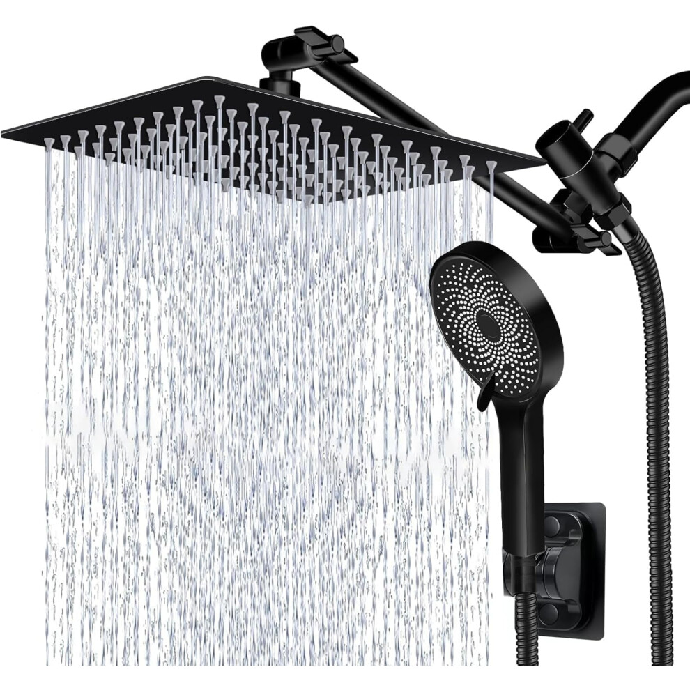 10" High Rain Shower + Handheld Combo, Adjustable Dual Rainfall, 60" Hose & Extension Arm (Black) 9181073375187