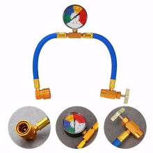 R134A A/C Refrigerant Recharge Hose with Gauge | 1/2 ACME Thread | 600-3000PSI Pressure | 20CM+20CM Tube Length | Metal & Plastic Construction