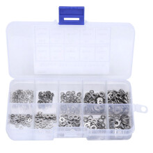Assortiment roestvrijstalen ringen met vlak lageroppervlak, roestvrij en corrosiebestendig, metrische maten M1,6, M2, M2,5, M3, M4, in transparante