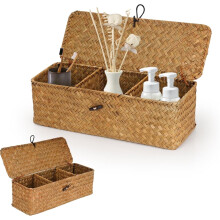 1Pcs Seagrass Woven Storage Basket with Lid Wicker Shelves Storage Baskets with 3-Section Toilet Paper Basket Holder for Bathroom Table