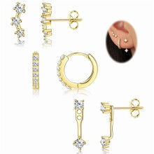 Women's Gold & Silver Plated Zirconia Stud Earrings – 3-Piece Hypoallergenic Fashion Set