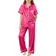 Short Sleeve Pants Set Girls Two Piece Outfits Silk Satin Bow Print Button Down Collared Shirts Girl Home Clothes Kids 3-14 Years Trendy Outfit