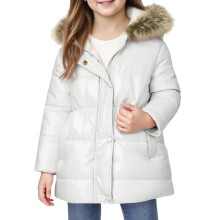 Girls Hooded Puffer Coat with Faux Fur Trimmed Hood Full Zip Front Snap Closure and Quilted Design Winter Outerwear Jacket Style #A048 White 140