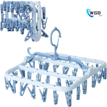 Clothes Drying Racks Foldable Clip Hangers Drip Hanger Plastic with 32 Drying Clips Wind-Proof Hook Underwear Hanger for Socks Bras (Blue)