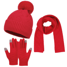 Women's Pom Pom Beanie Set with Fleece-Lined Hat, Knit Scarf & Gloves – Solid Color 3-Piece Winter Ski Accessories Gift Set (Red)