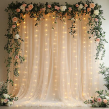 Sfondo in tulle color champagne 3x2,4 metri con luci a stringa
