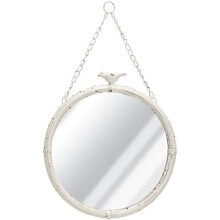 11" Vintage Rustic Round Hanging Mirror with Bird, Metal Frame, Wall Mounted Decor for Bathroom, Living Room, Office – Rustic White
