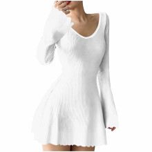 Women V Neck Long Sleeve Mini Dress Summer Casual Ribbed Knit A-Line Short Sweater Dresses Y2k Fairy Grunge Dress