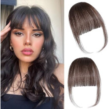 Clip in Bangs Real Human Hair Extensions Wispy Dark Brown Hair Pieces for Women Fringe with Temples Daily Wear