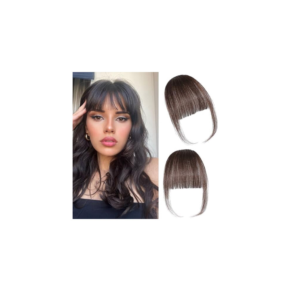 Clip in Bangs Real Human Hair Extensions Wispy Dark Brown Hair Pieces for Women Fringe with Temples Daily Wear