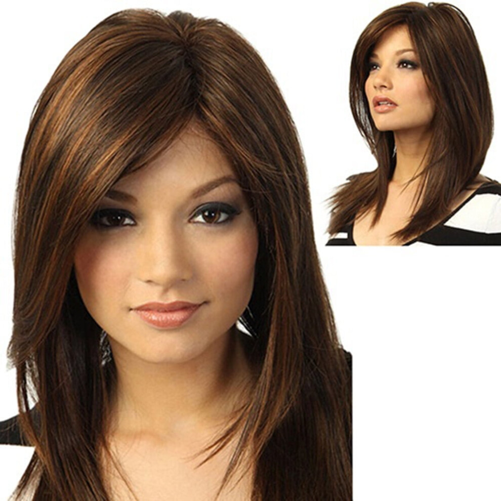 Fashion Girl Natural Medium Length Straight Brown Wigs Side Bangs Wigs