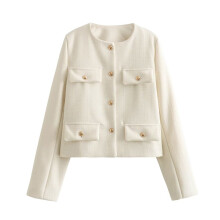 Women Crop Tweed Blazer Jacket Collarless Open Front Button Down Coat Business Work Suit with Pockets
