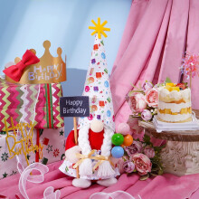 Handmade Birthday Gnome Decoration Festive Party Hat, Colorful Balloons, and Happy Birthday Sign for Celebrations