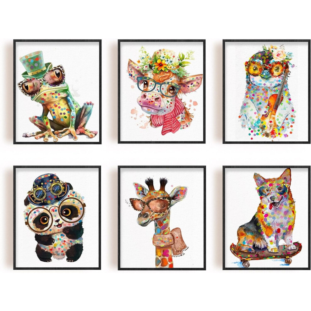 6PCS Cartoon Animal Canvas Prints – Funny Cow, Penguin, Panda, Giraffe, Dog for Nursery Decor (Unframed)