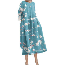 Personalisierte bedruckte Damenkleider, langärmelig, Rundhalsausschnitt, Taschen, Midikleid, plissiertes Etuikleid