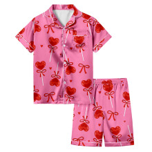 Girls Clothing Set Short Sleeve Heart Print Soft Summer Home Clothes Button Down Collared Shirts Shorts Set For Kids 3-13 Years Stylish Outfit