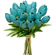 Tulipes artificielles turquoise en polyuréthane, 20 tiges, 34 cm
